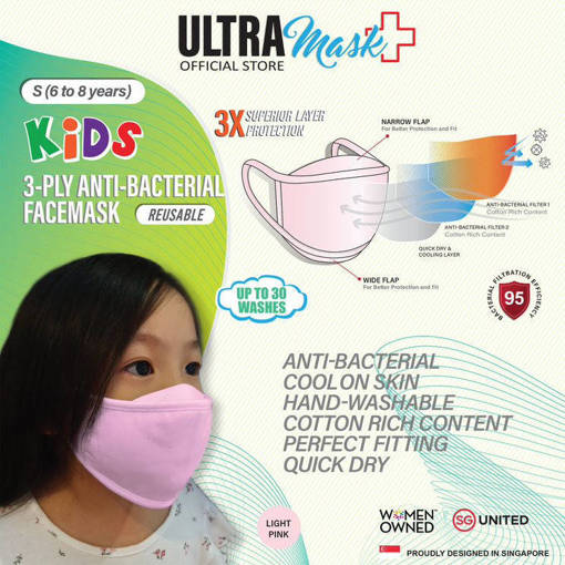 Picture of ULTRAMask (Official Store) K2 3-Ply Anti-Bacterial Kids Face Mask (Age 6 to 8) - (Wholesale/bulk purchase - MOQ 500 pieces) - Light Pink